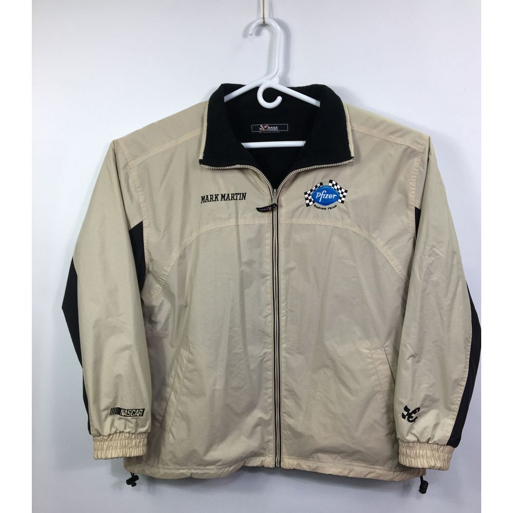 Vtg Chase Authentics NASCAR Mark Martin Jacket Pfizer Men Reversible Beige Sz XL